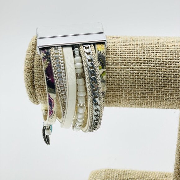 Boho Multi Layer Leather Bracelet with Teal Bead and Magnetic Clasp - Picture 7 of 8